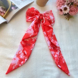 Printed Georgette Bow Clip: Red Long Tail Hair Accessory