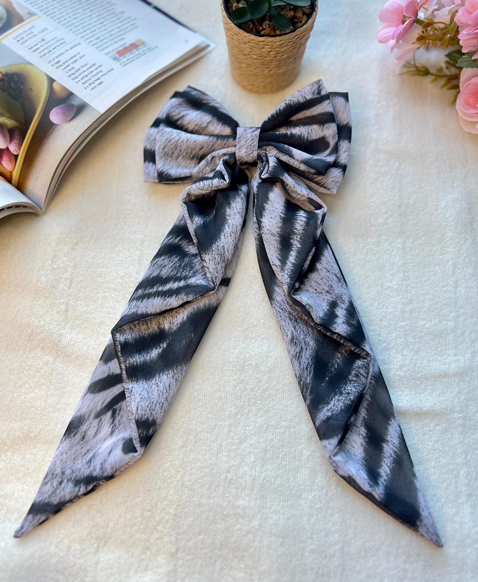 Zebra Print Long Tail Bow Clip: Georgette Hair Accessory