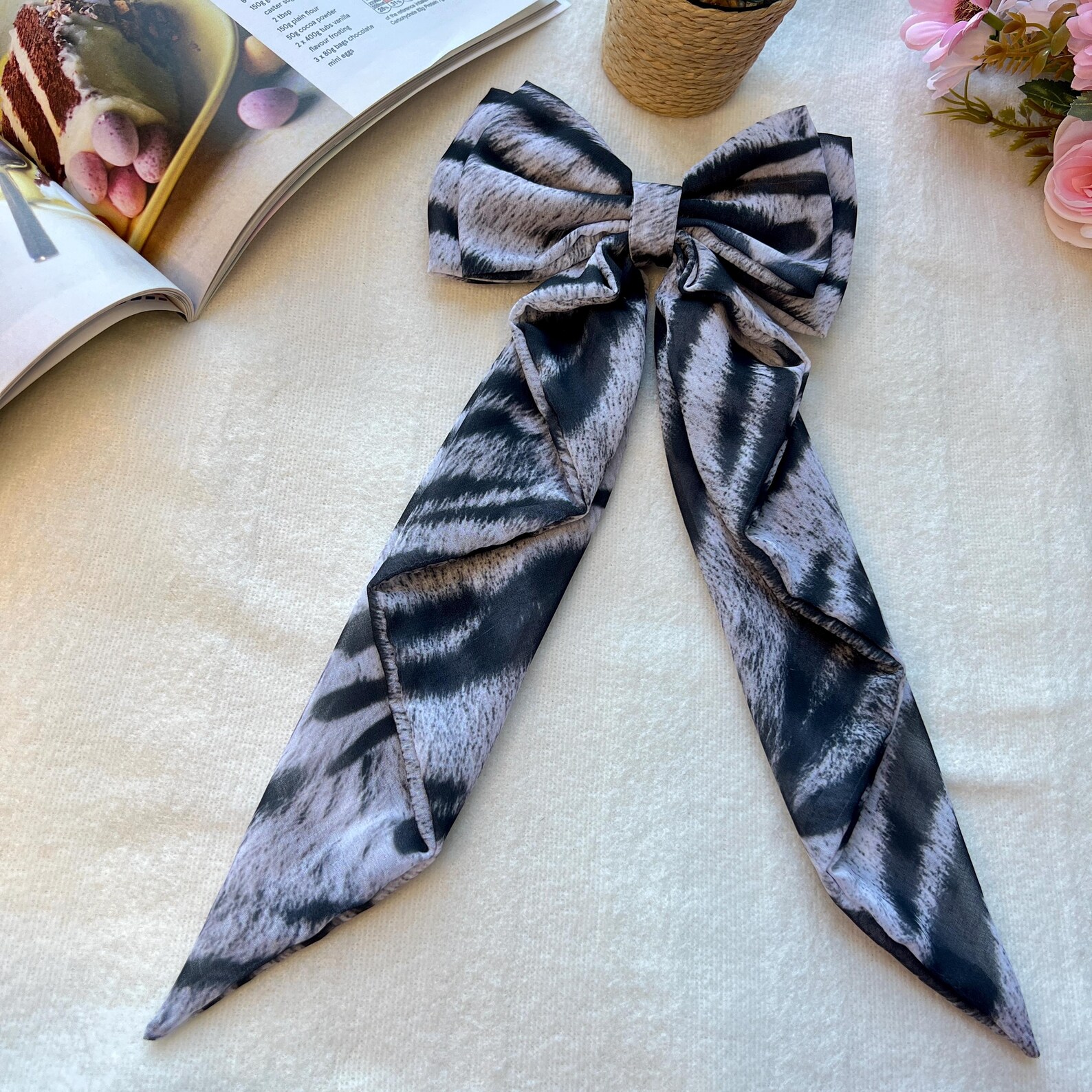 Zebra Print Long Tail Bow Clip: Georgette Hair Accessory - Image 2