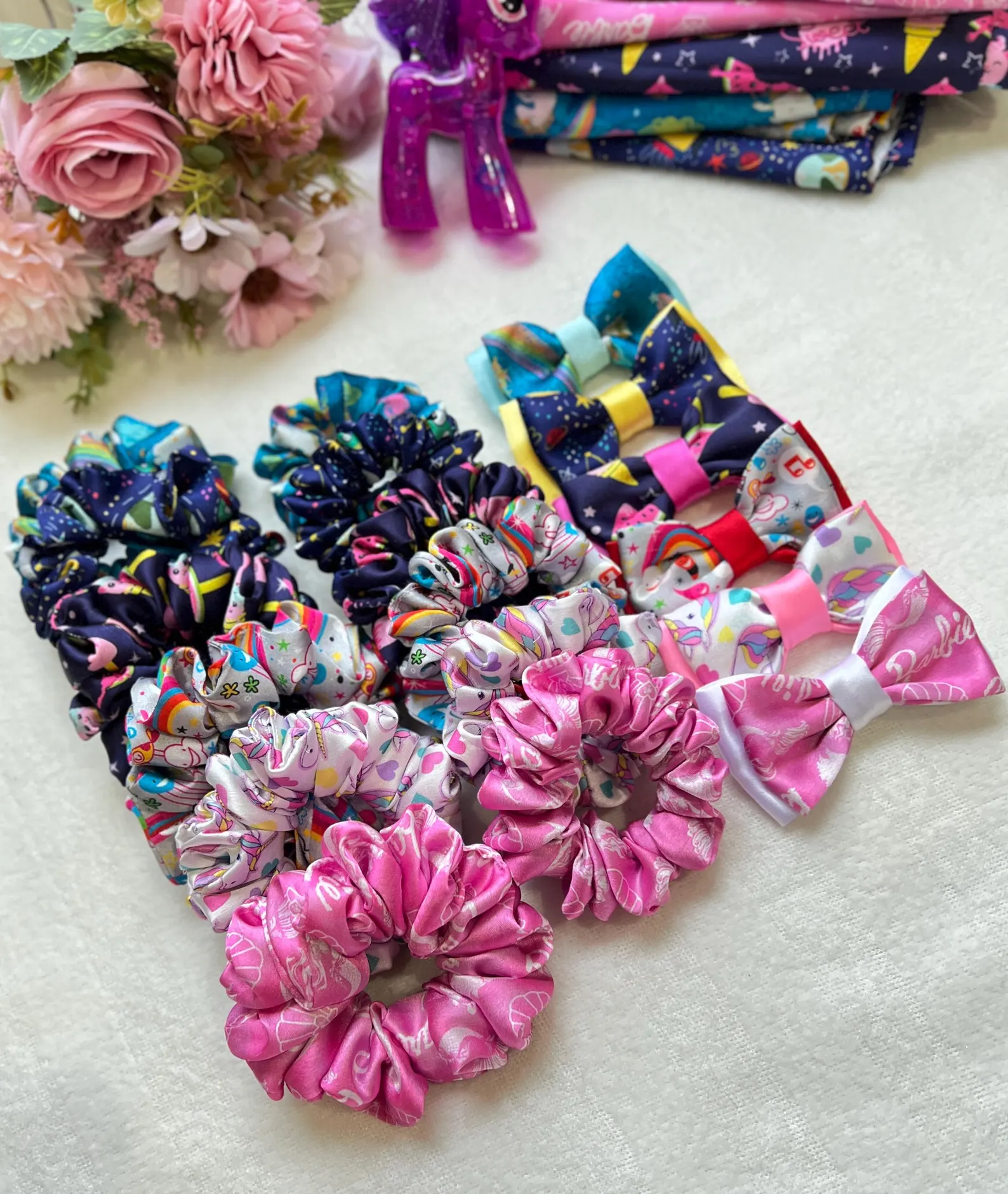 Kids Satin Scrunchie & Bow Set: Barbie Print Hair Accessories - Image 3