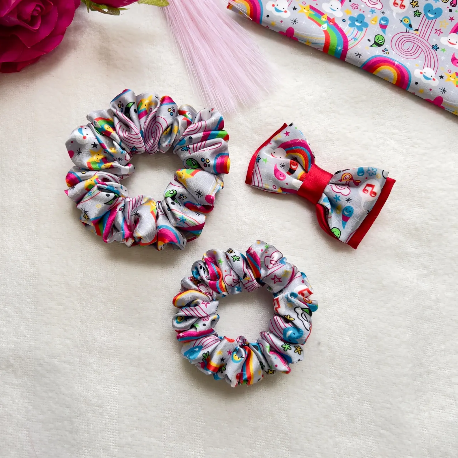 Kids Satin Scrunchie & Bow Set: Barbie Print Hair Accessories - Image 4