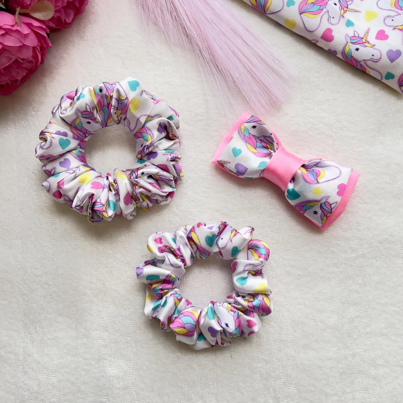 Kids Satin Scrunchie & Bow Set: Barbie Print Hair Accessories - Image 5