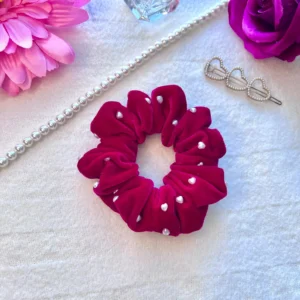 Magenta Velvet Scrunchie: Heart Pearl Hair Accessory