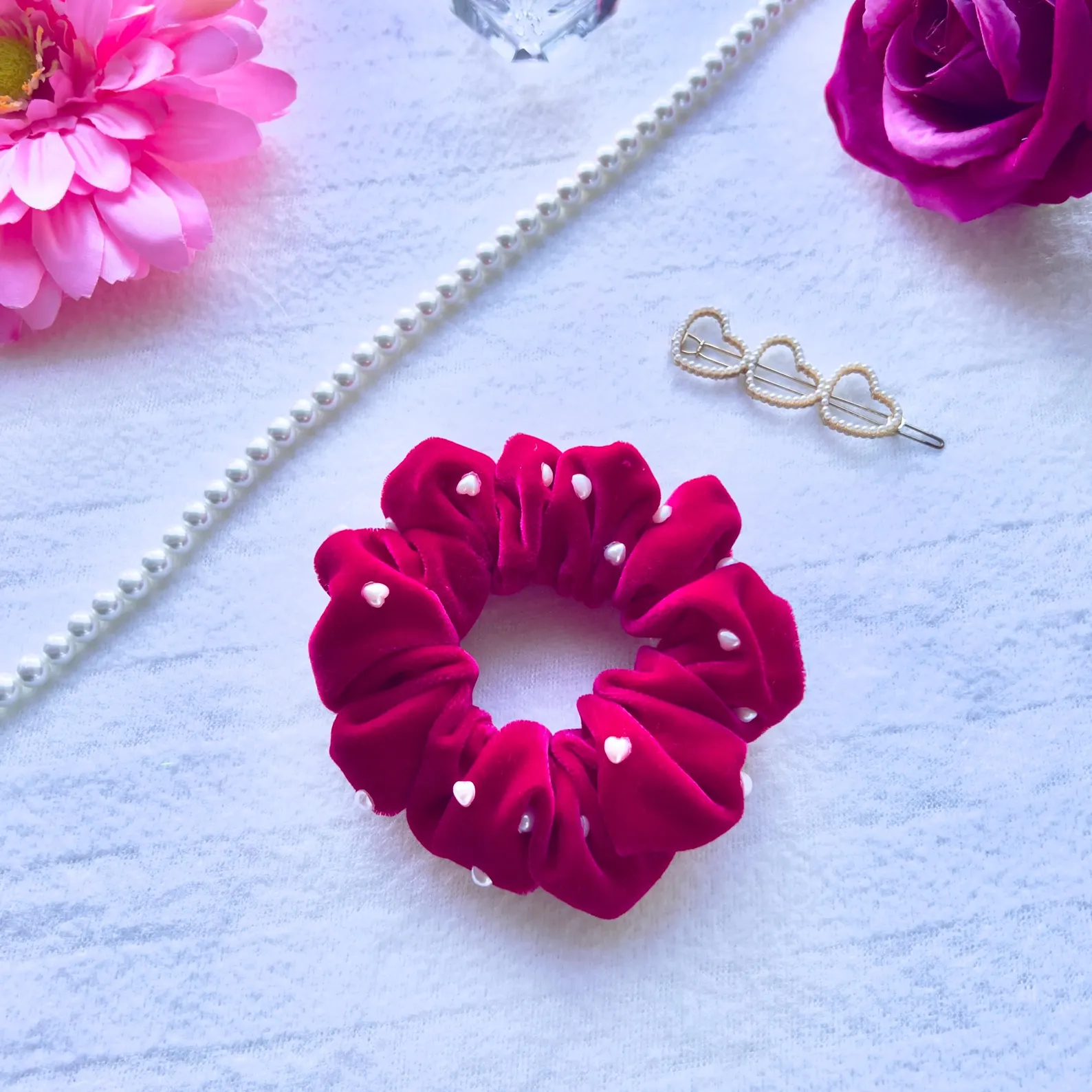 Magenta Velvet Scrunchie: Heart Pearl Hair Accessory - Image 2