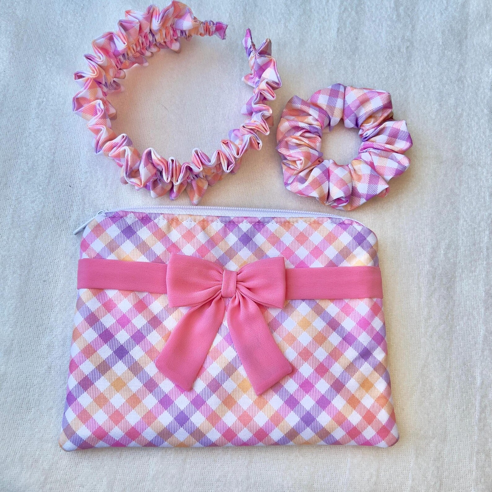 Handmade Bow Pouch Gift Set: Ruffle Hairband & Scrunchie