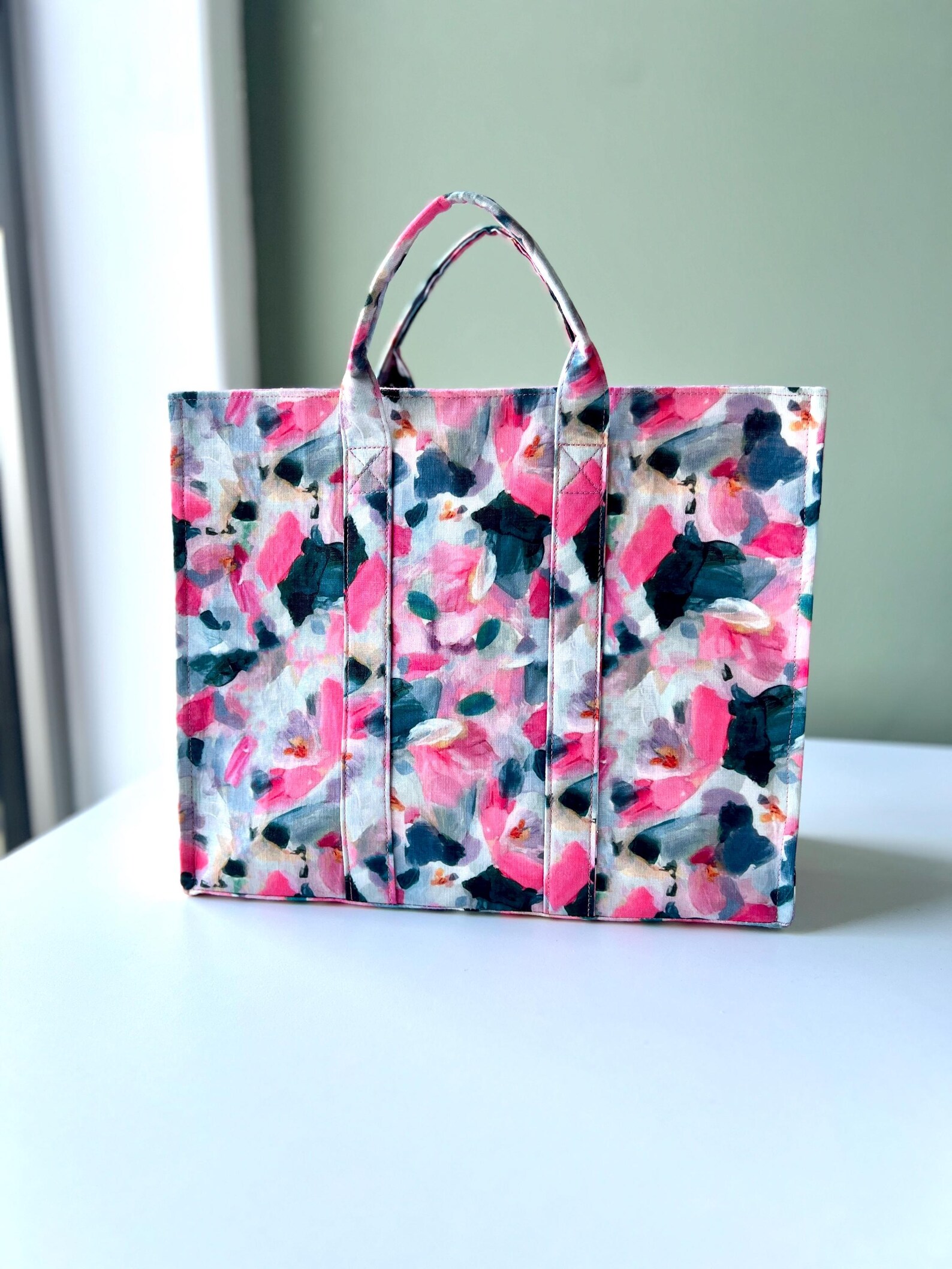 Floral Linen Tote Bag: Handmade Book Tote with Pouch