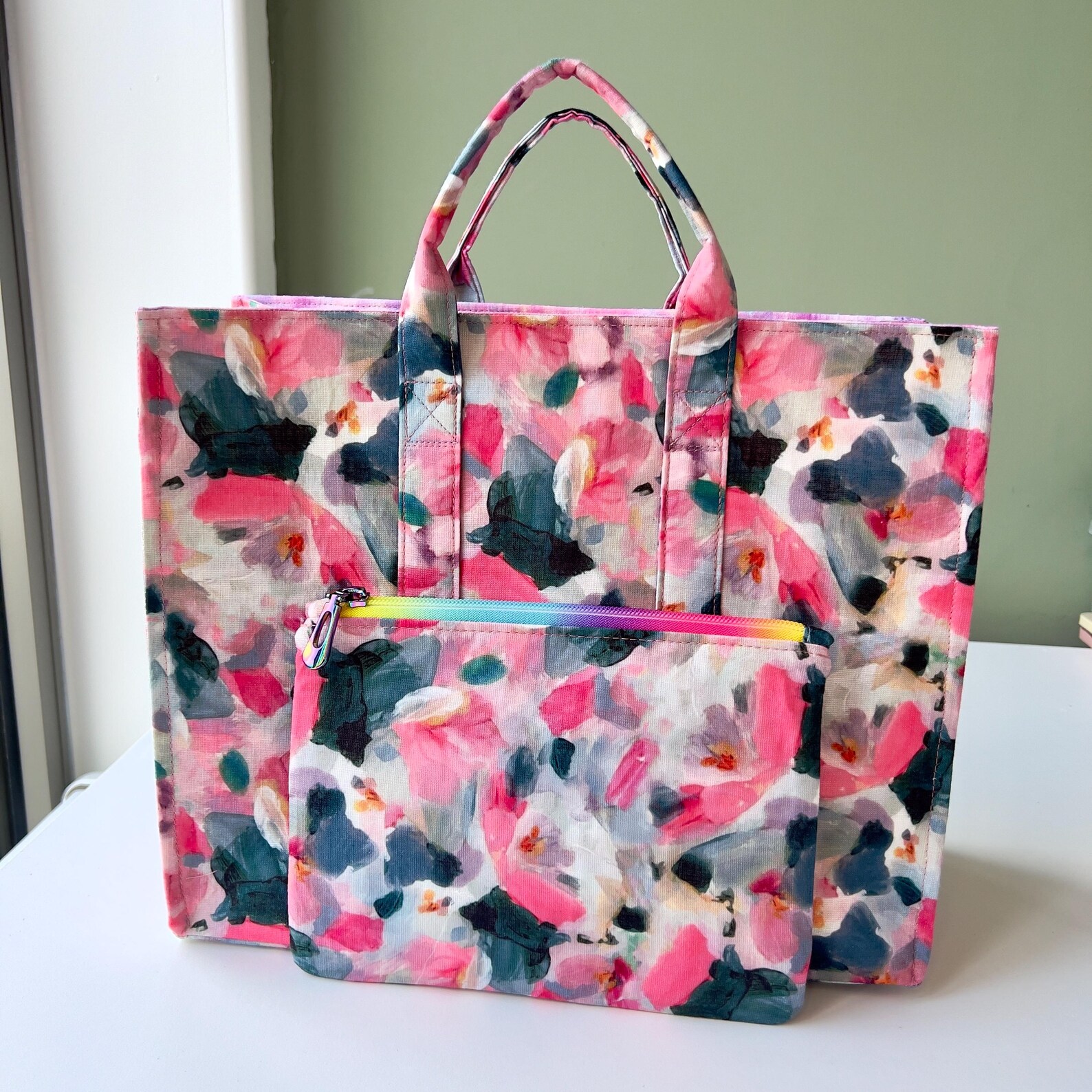 Floral Linen Tote Bag: Handmade Book Tote with Pouch - Image 3
