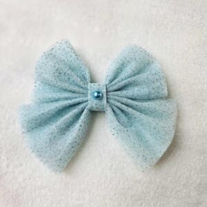 Light Blue Glitter Net Bow with Pearl | Blue Hair Clip