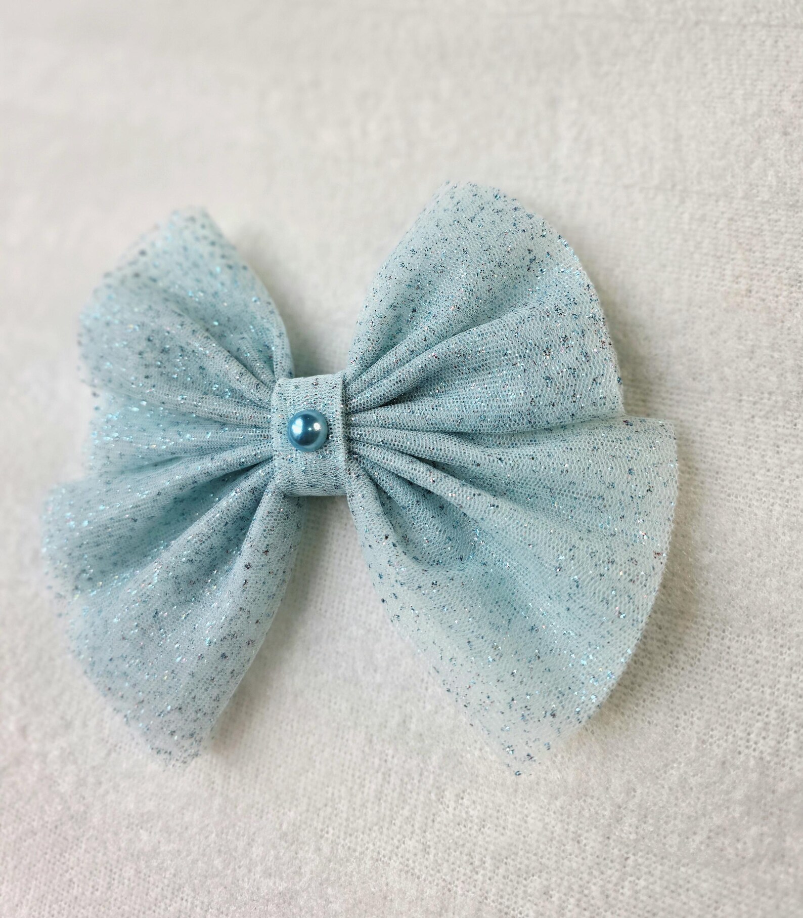 Light Blue Glitter Net Bow with Pearl | Blue Hair Clip - Image 2