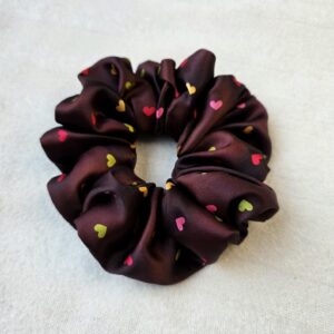 Brown Satin Heart Print Scrunchie | Colourful hearts hair tie