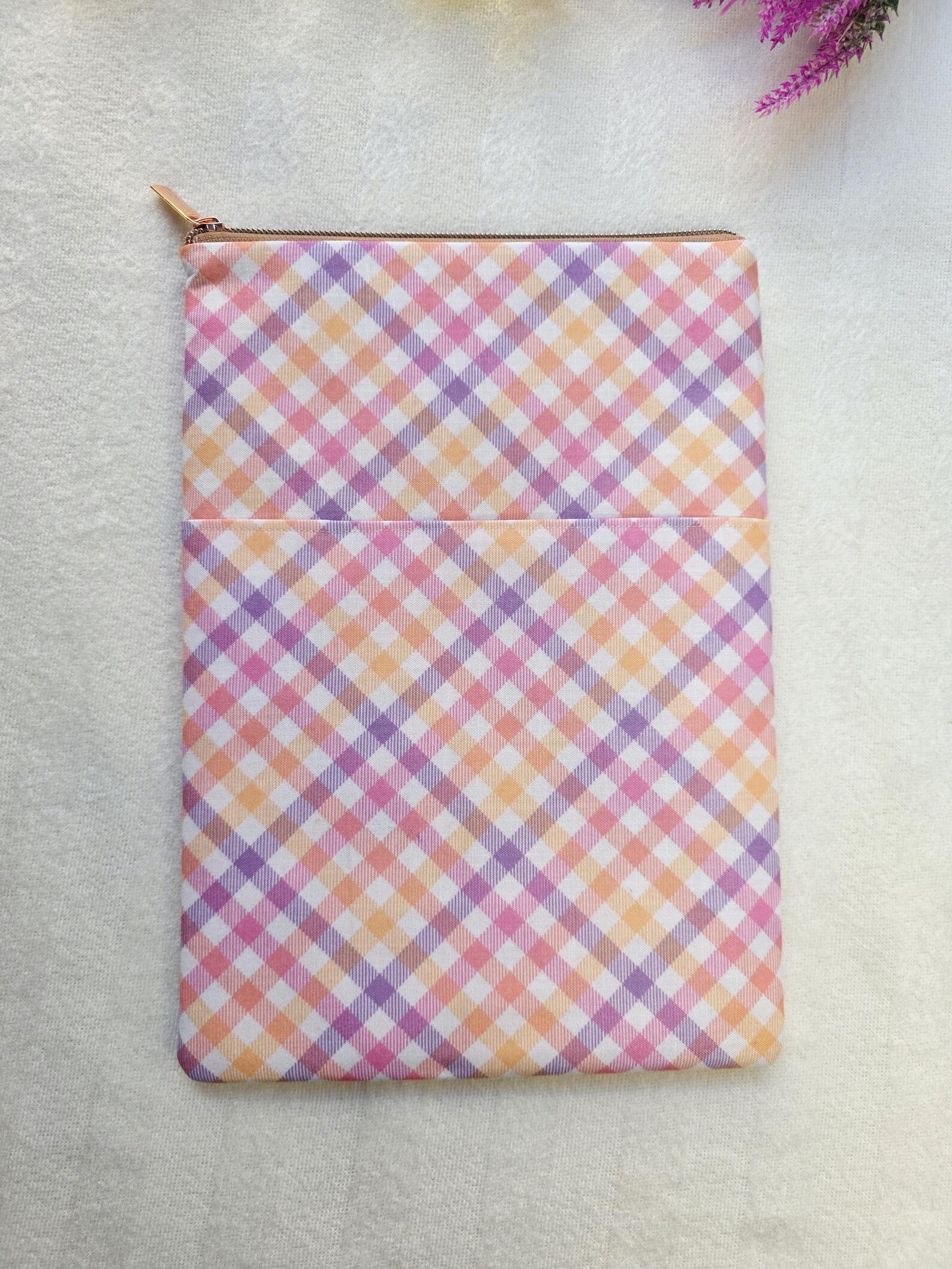 Pastel Gingham Cotton Book Sleeve | Zippered Book Protector | Handmade Fabric Book Cover | Kindle & Paperback
