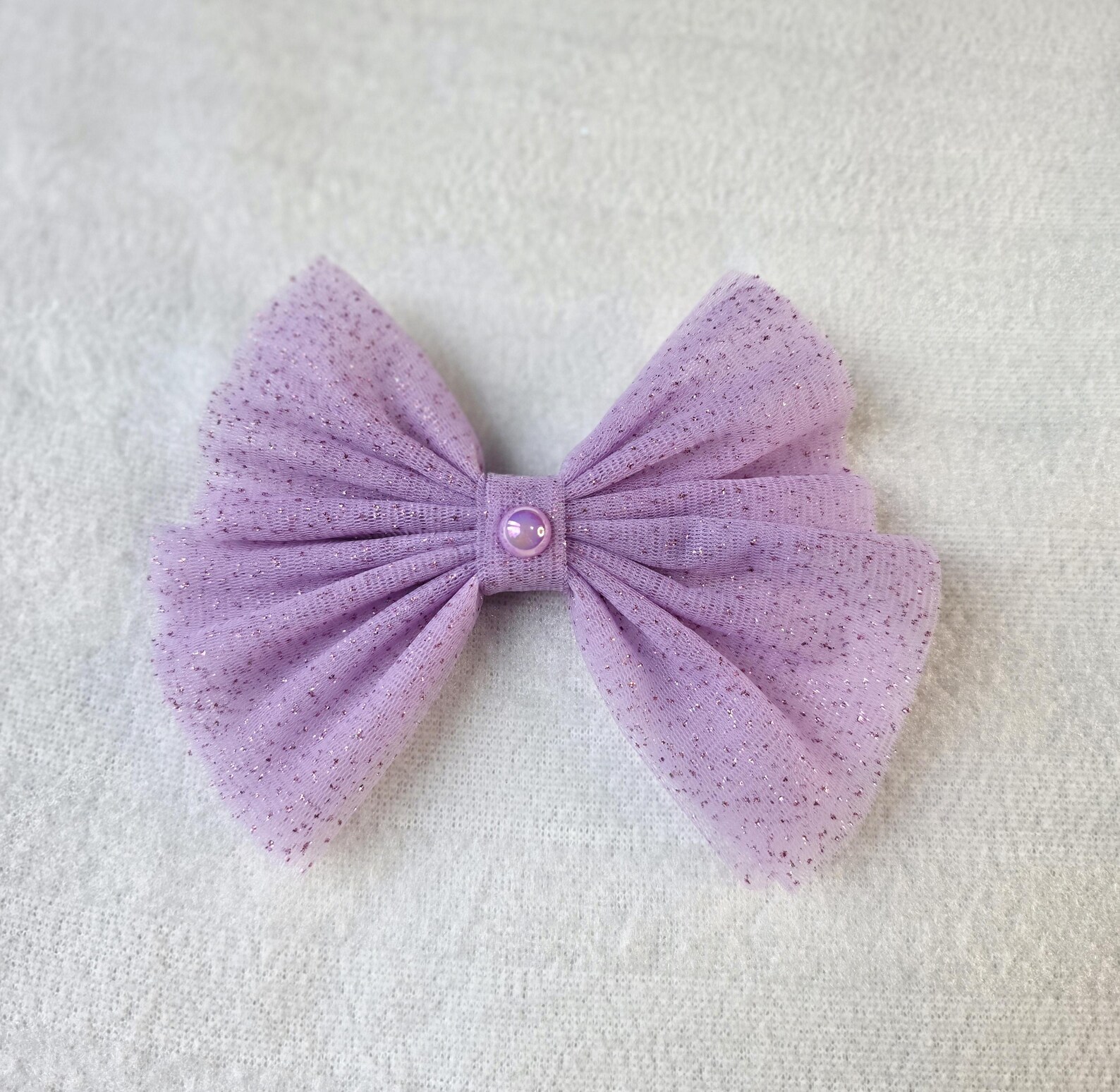 Lavender Purple Glitter Net Bow with Pearl | Lavender Purple Hair Clip - Image 3