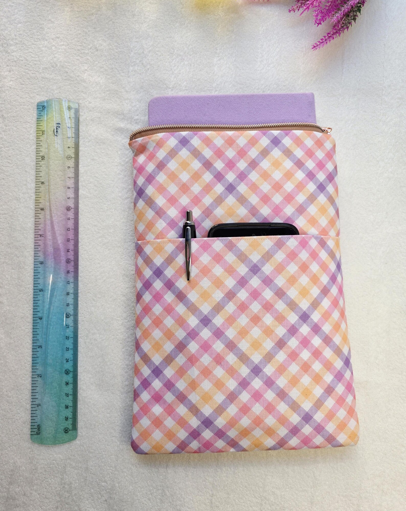 Pastel Gingham Cotton Book Sleeve | Zippered Book Protector | Handmade Fabric Book Cover | Kindle & Paperback - Image 2