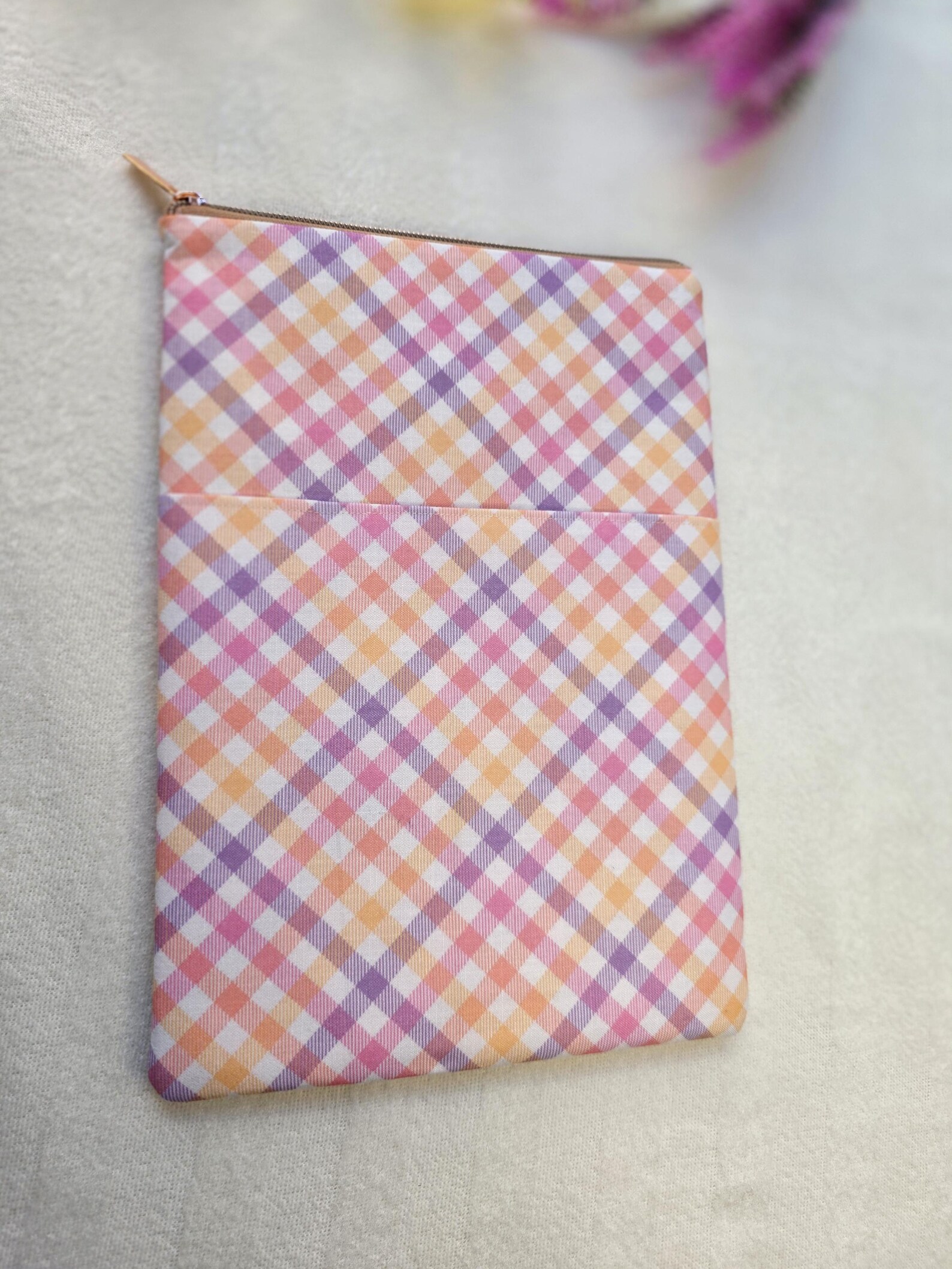 Pastel Gingham Cotton Book Sleeve | Zippered Book Protector | Handmade Fabric Book Cover | Kindle & Paperback - Image 4