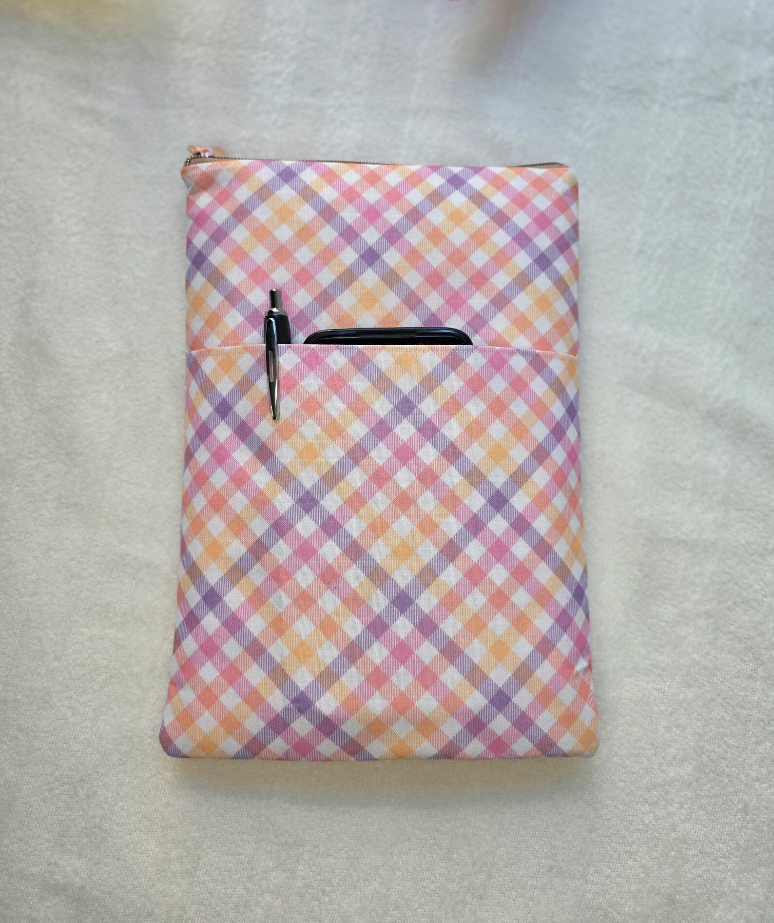 Pastel Gingham Cotton Book Sleeve | Zippered Book Protector | Handmade Fabric Book Cover | Kindle & Paperback - Image 5