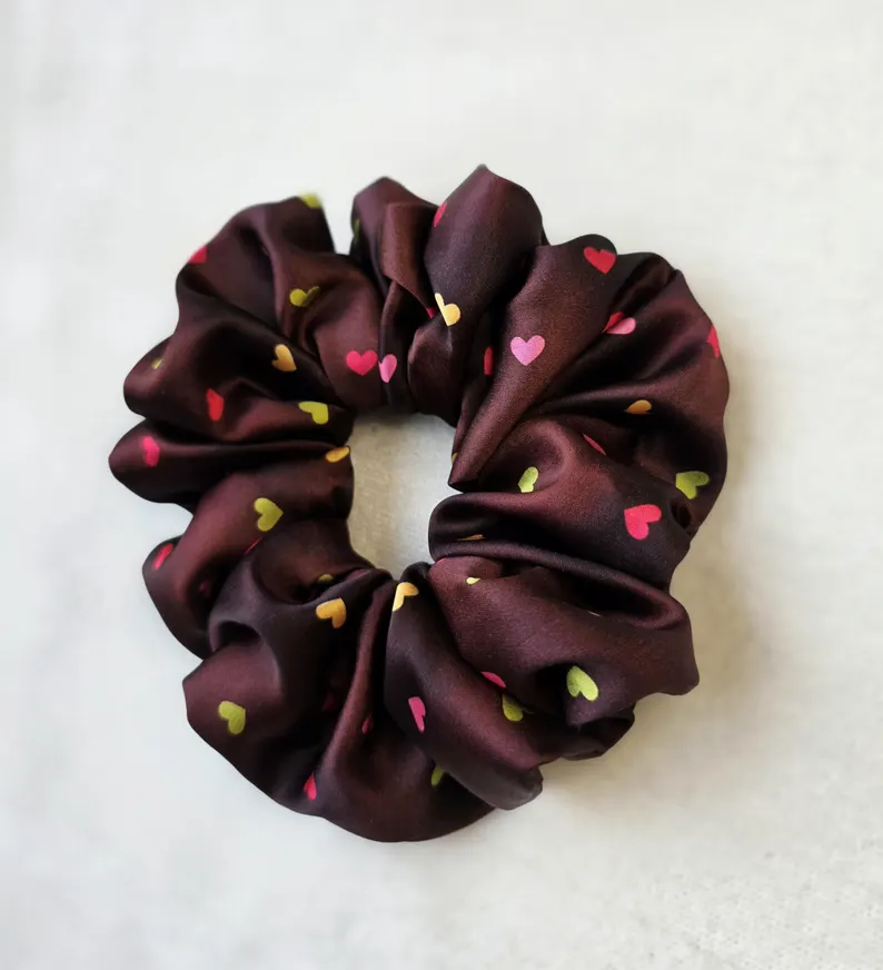 Brown Satin Heart Print Scrunchie | Colourful hearts hair tie - Image 2