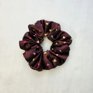 Brown Satin Heart Print Scrunchie
